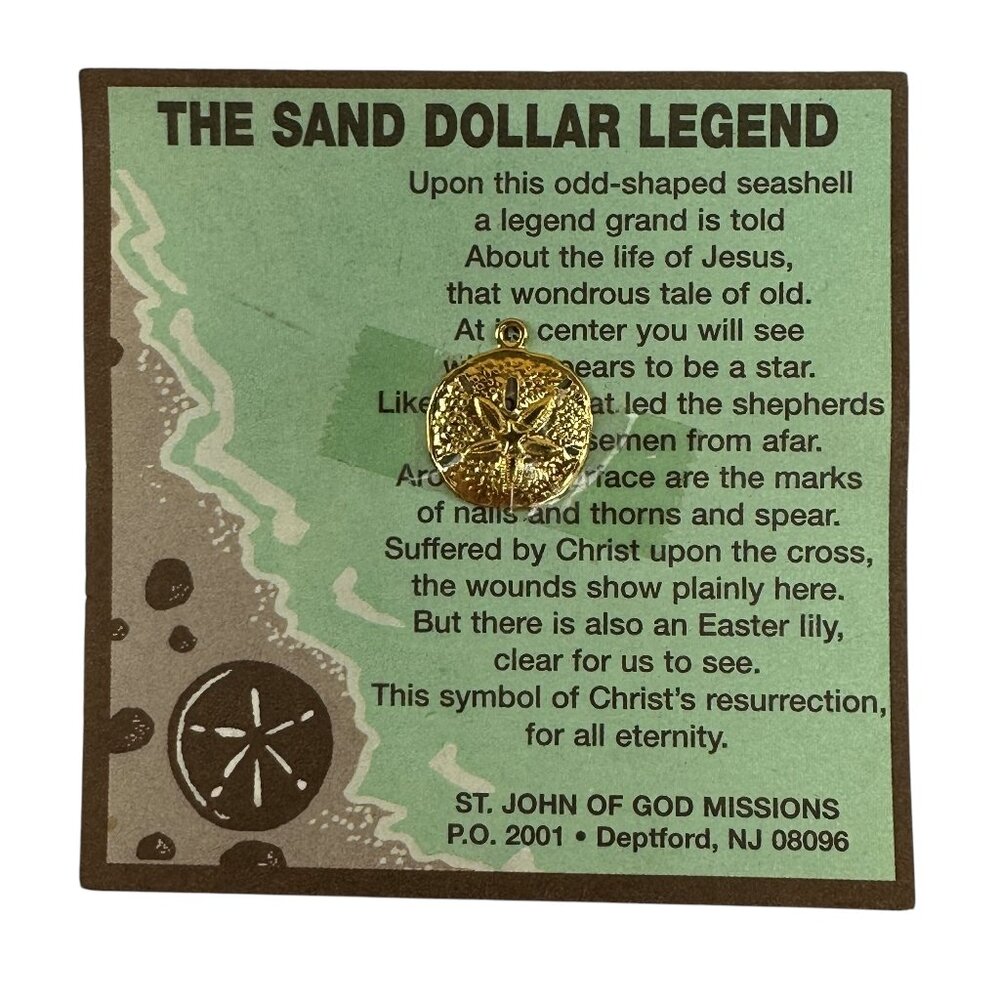 Sand Dollar Legend Prayer Card  Goldtone  Charm St John of God Missions NJ